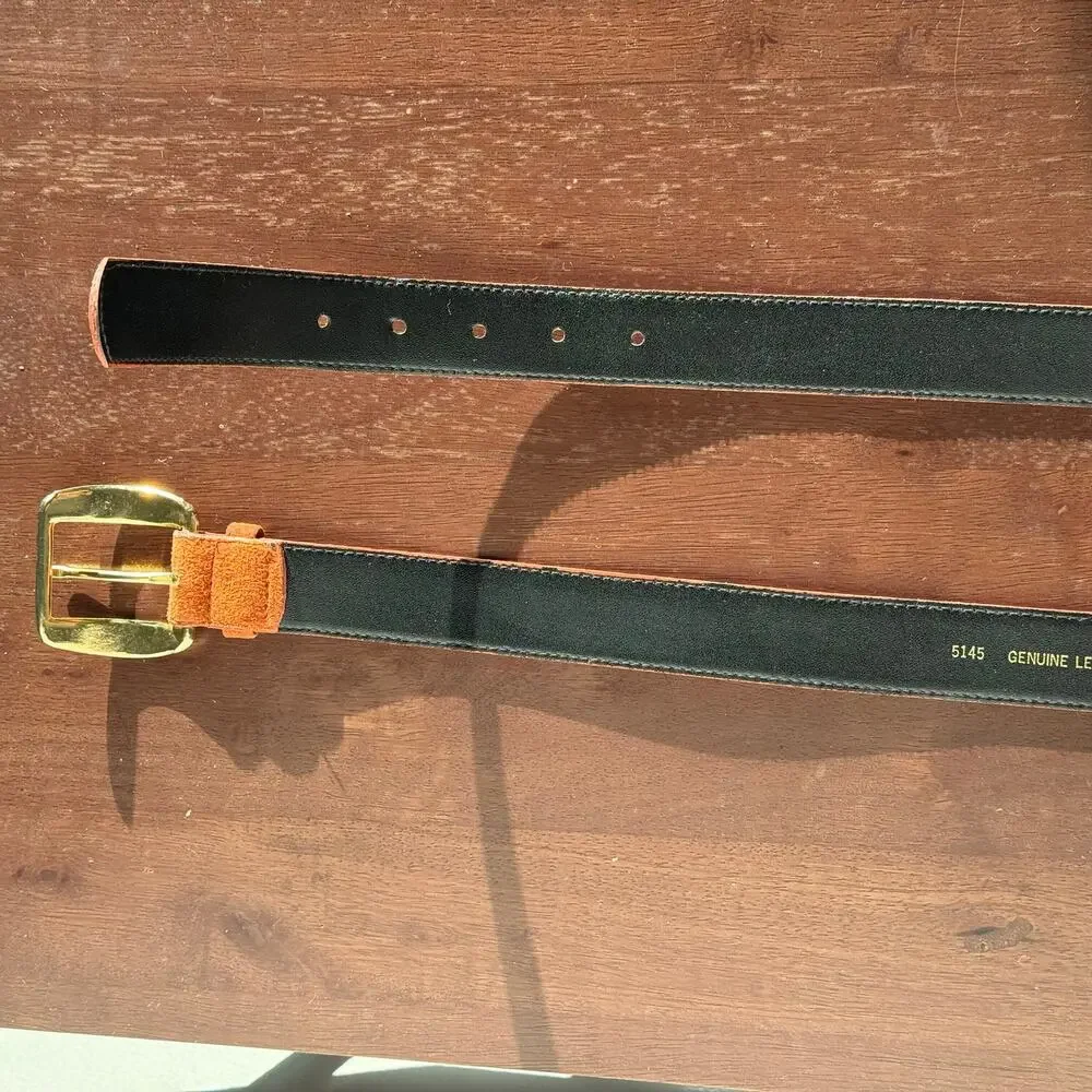 Genuine Leather Suede Belt Cognac Brown Gold Tone Buckle Size 34 Unisex Classic